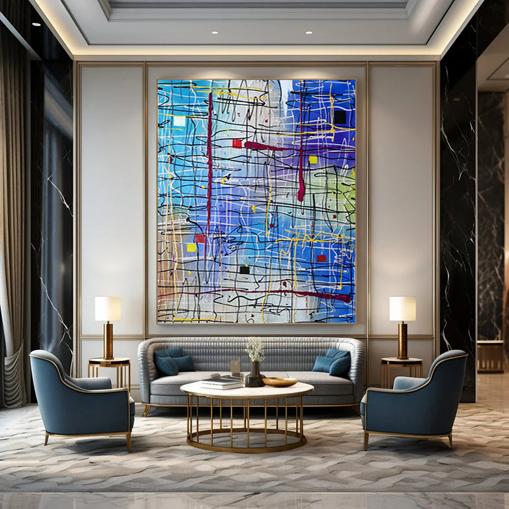 “Vibrant Line Fusion” - Blue & Multicolor Abstract Line Painting On Canvas DKH1583