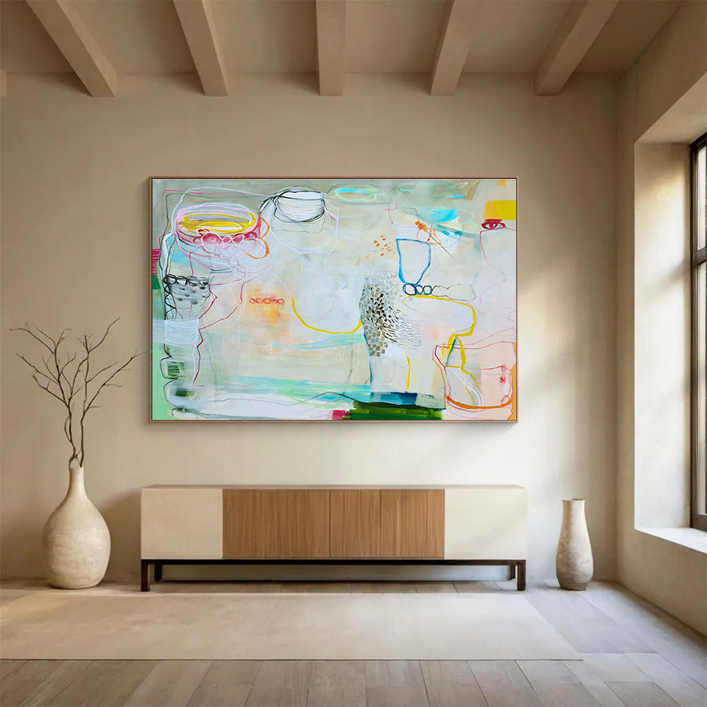 Mixed - Color Abstract with Linear Elements “Whimsical Line Play” Painting On Canvas DKH071
