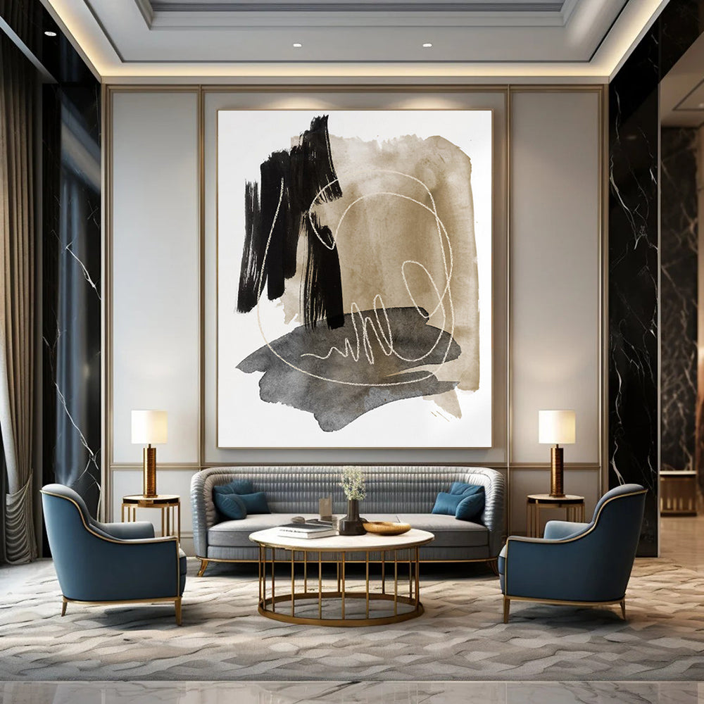 “Ink - Wash Abstract with White Lines” - Black, Beige & Gray Watercolor - Style Painting On Canvas DKH0969