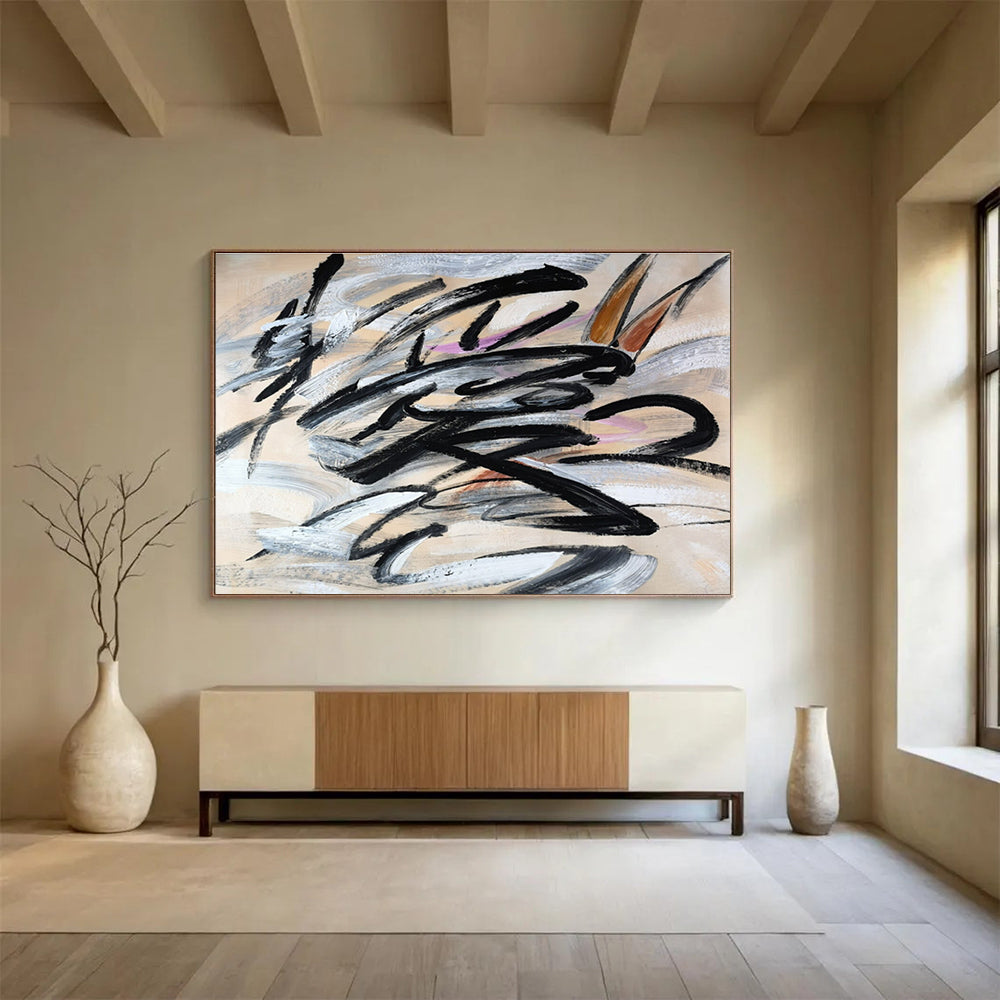 Dynamic Black and Gray Brushstroke Painting On Canvas DKH289