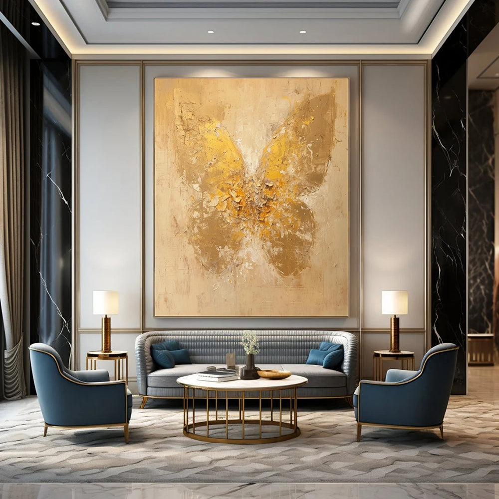 “Textured Gold Butterfly: Abstract Nature Art” - Mixed - Media Impasto on Canvas CT1899