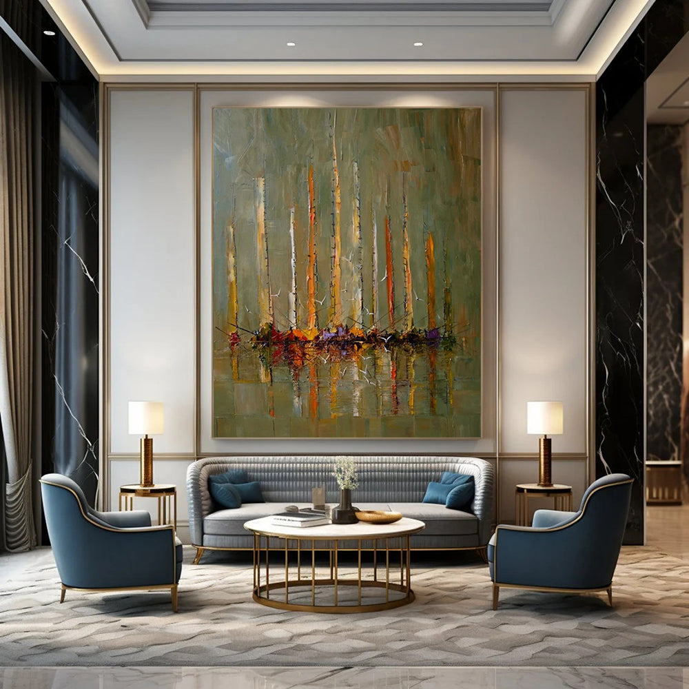 “Green, Orange, Yellow Sailboats ‘Harbor Harmony’” - Impasto Boat & Sea Painting On Canvas DTP330