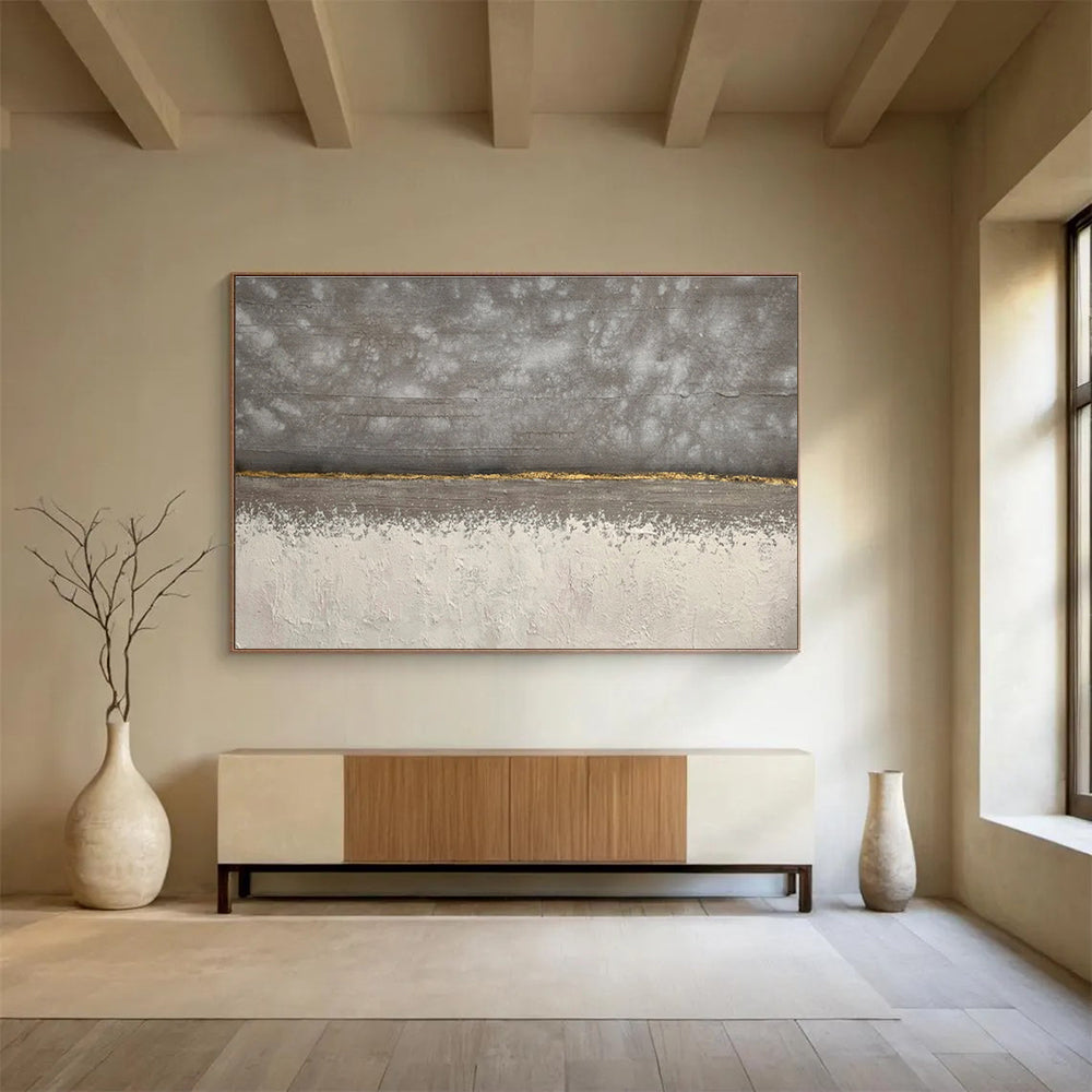 Concrete Elegance Gray and Gold Minimalist Painting On Canvas DKH172