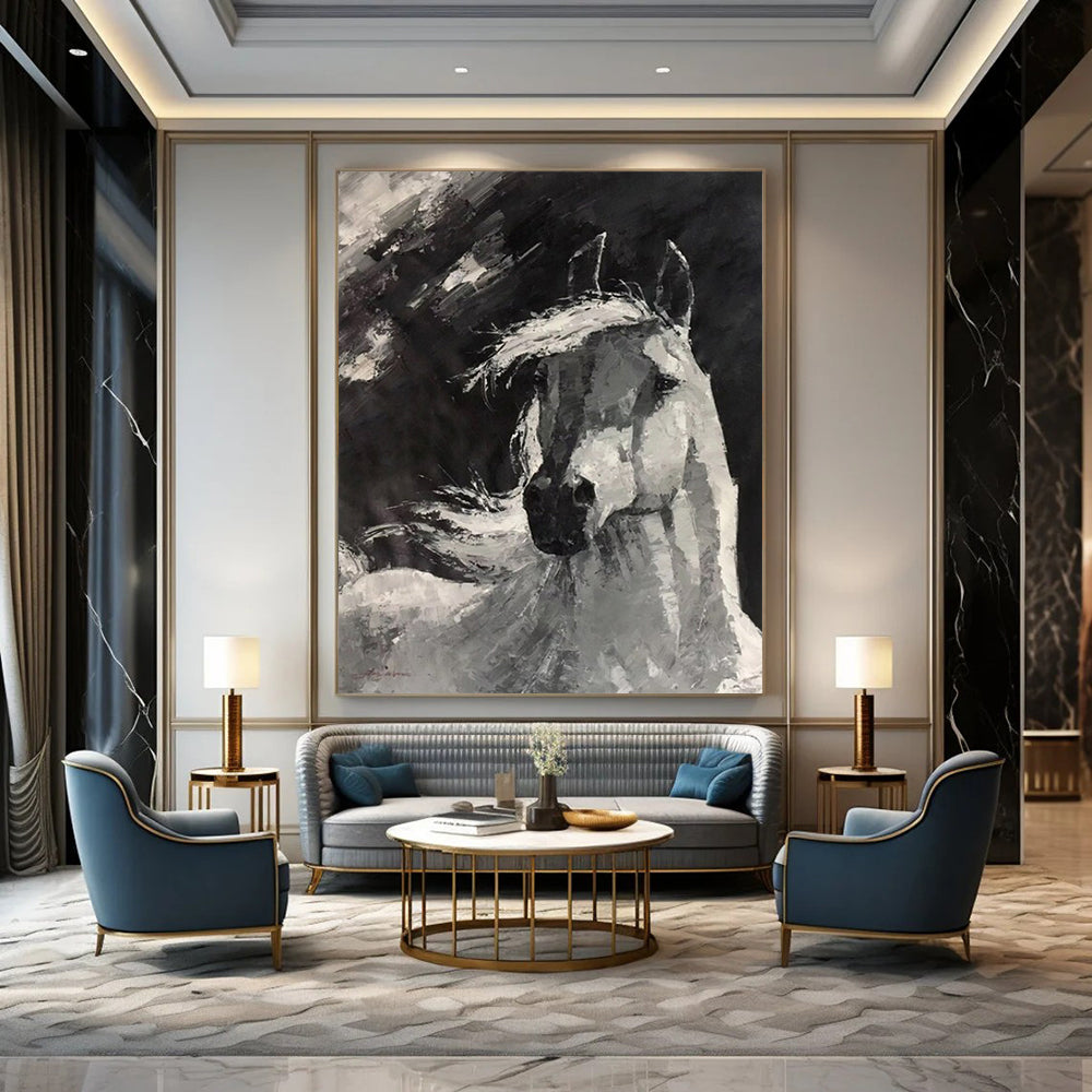 “Monochrome Gallant Steed” - Black and White Horse Head Painting On Canvas CT2183
