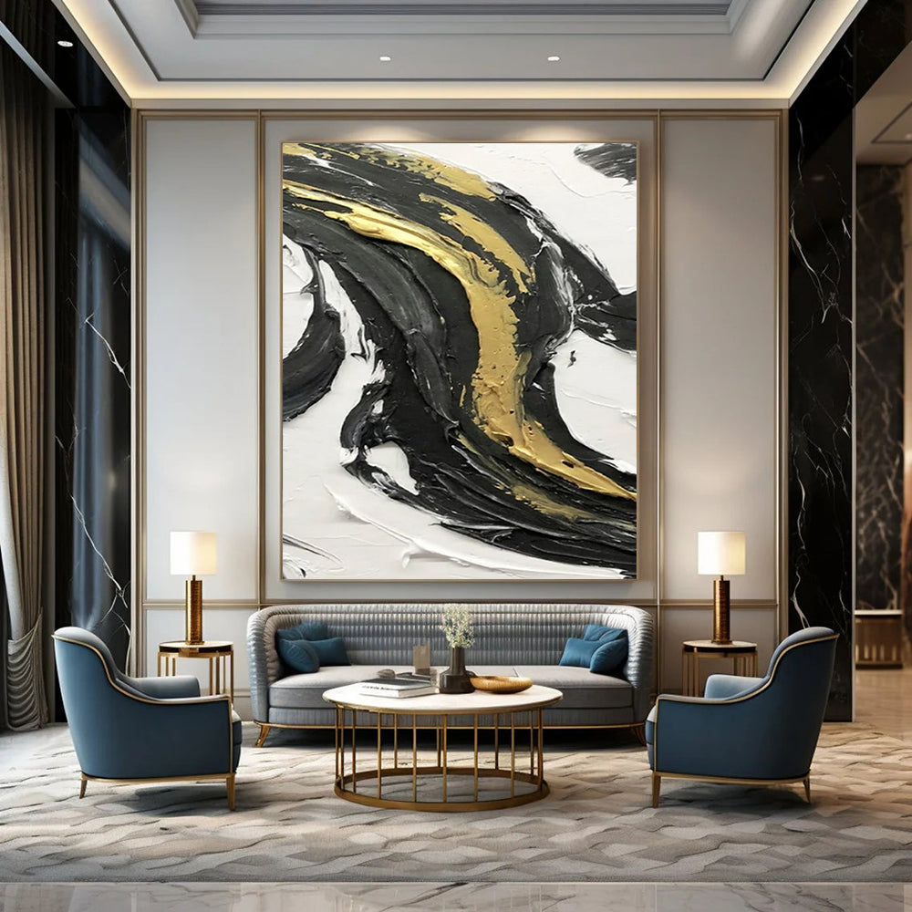“Black, White, Gold Textured Swirls ‘Luxury Motion’” - Impasto Abstract Painting On Canvas DTP379