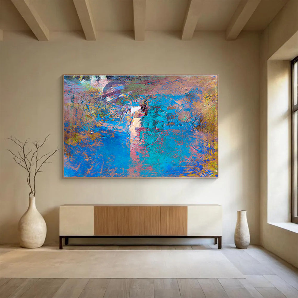 “Blue & Colorful Textured Abstraction” Impasto Abstract Painting On Canvas DKH366