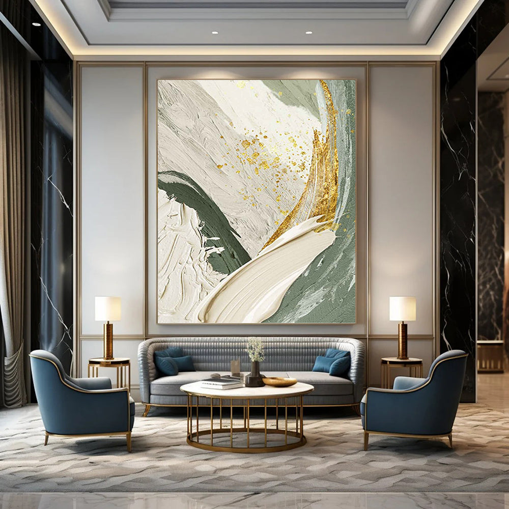 Green, White, and Gold Abstract - Abstract Painting On Canvas DKH1495