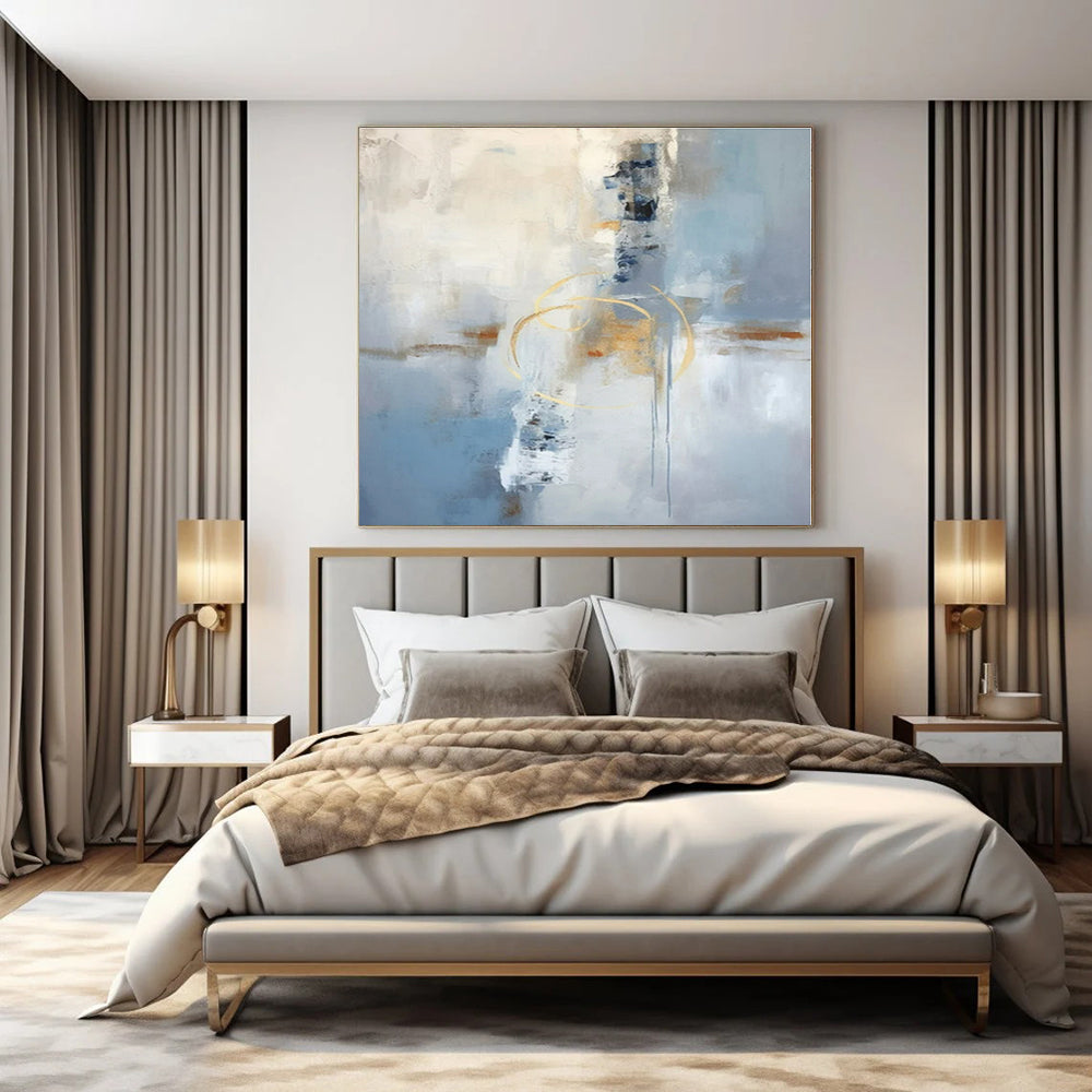 Soft Blue & Gold Abstraction - Abstract Expressionist Acrylic On Canvas CT1333