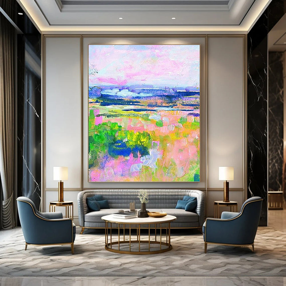 “Colorful Pastel Landscape” - Pink, Purple & Green Impressionistic Painting On Canvas DKH0934