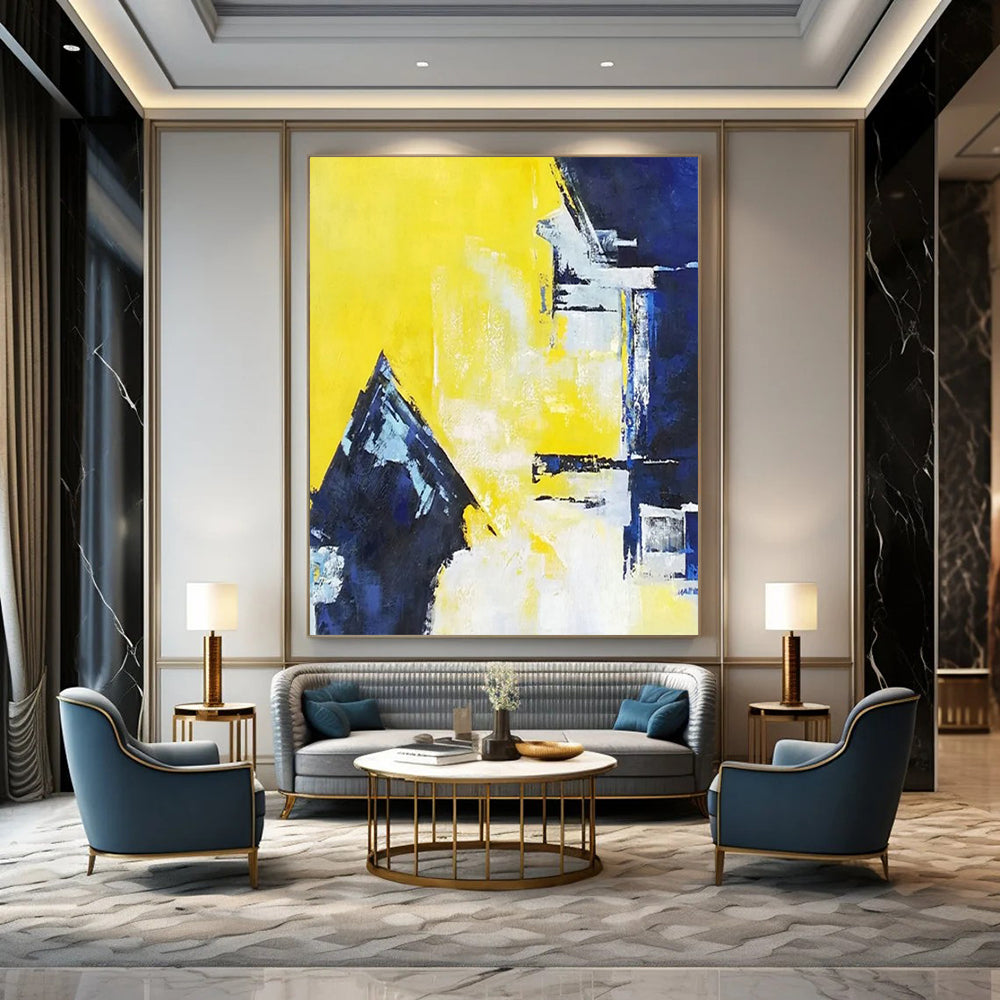 Vibrant Yellow, Blue & White Geometric Abstraction - Abstract Painting On Canvas CT2304