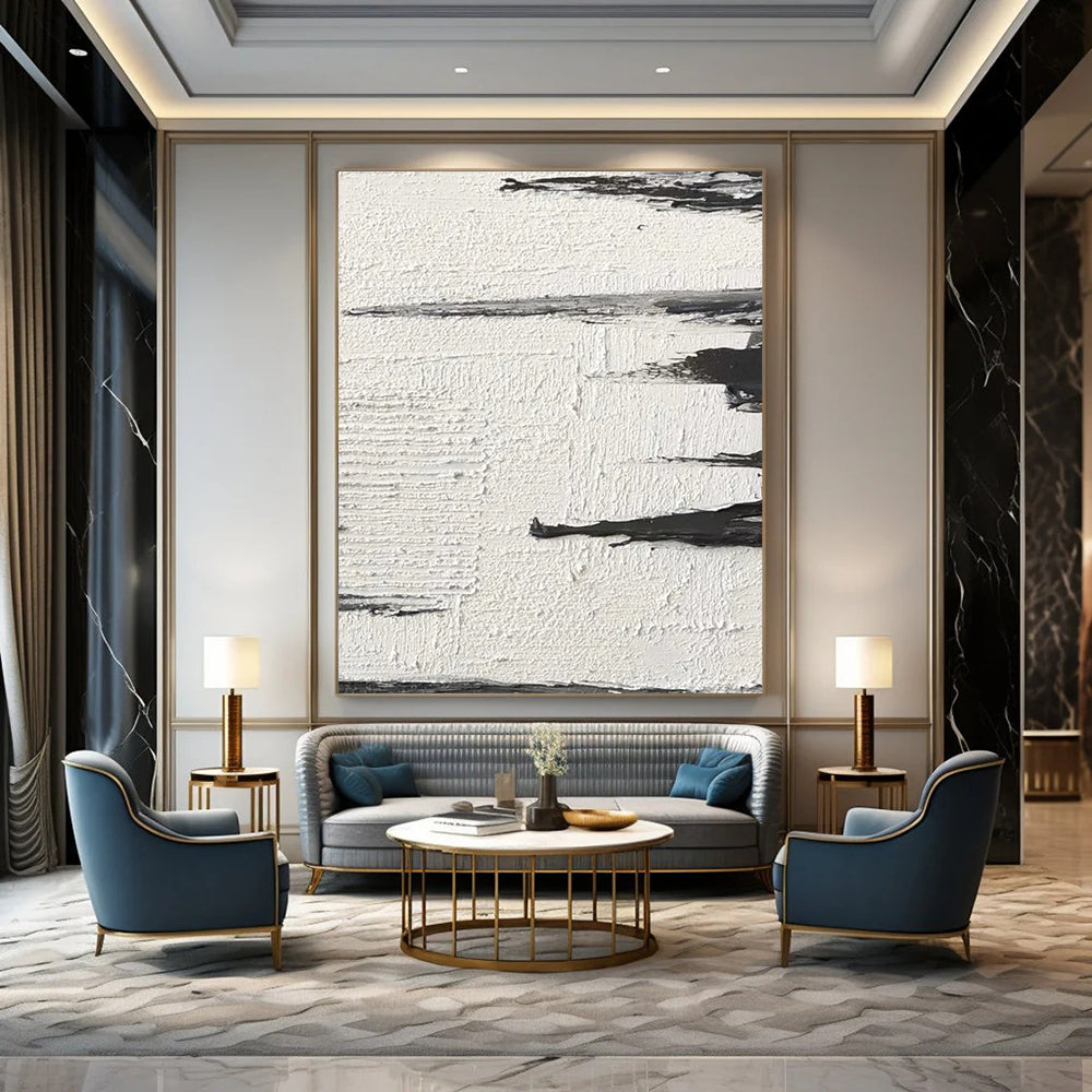 “White, Black Textured Strokes ‘Subtle Motion’” - Impasto Abstract Painting On Canvas DTP384