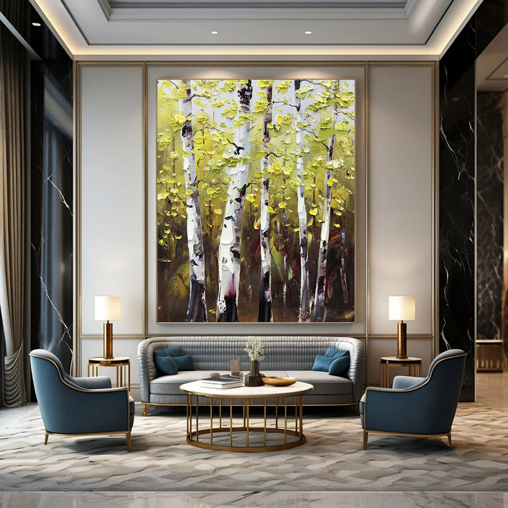 Sunlit Birch Forest in Green and Yellow - Landscape Painting On Canvas DKH1282