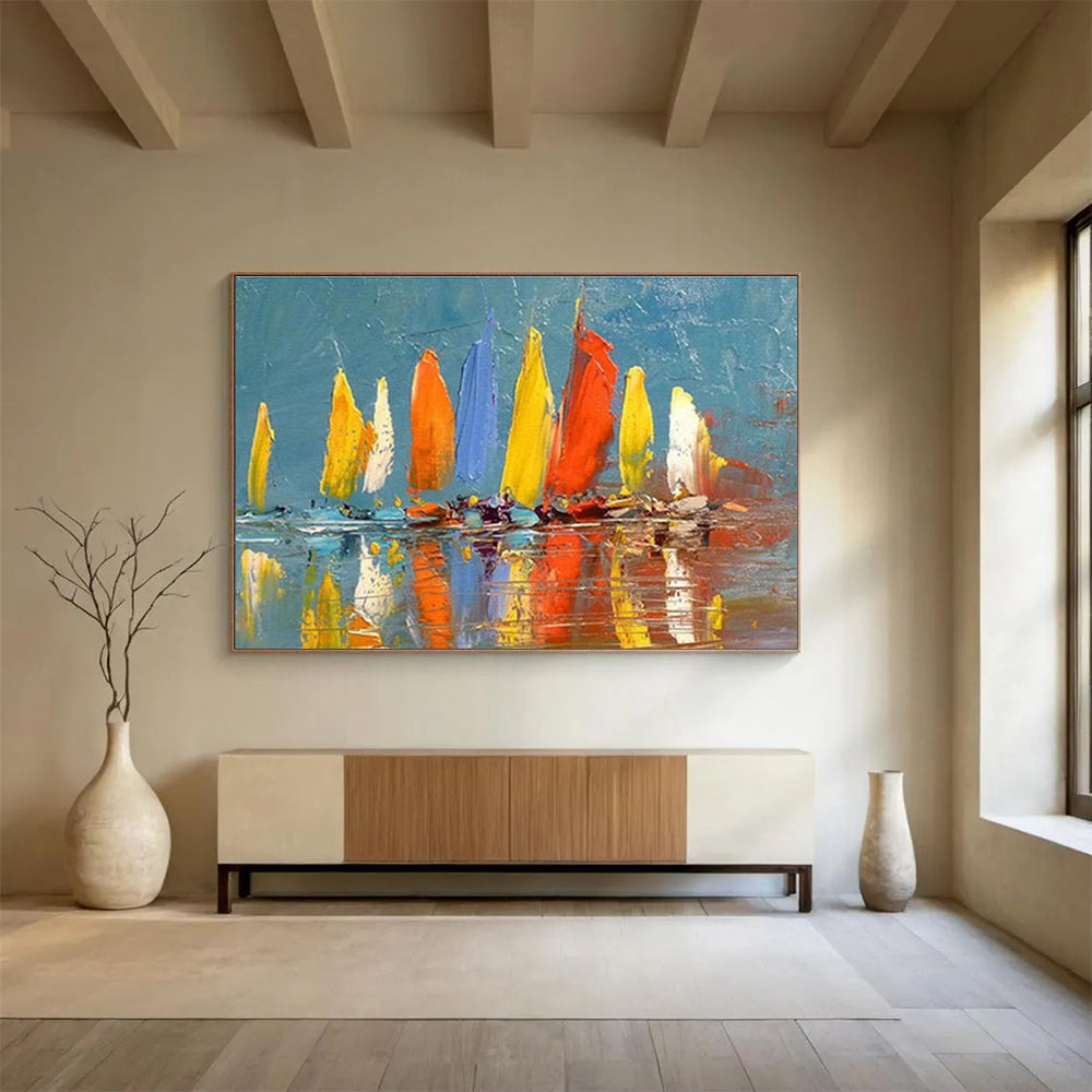 “Colorful Sailboats”:Impressionistic Marine Painting On Canvas DKH254