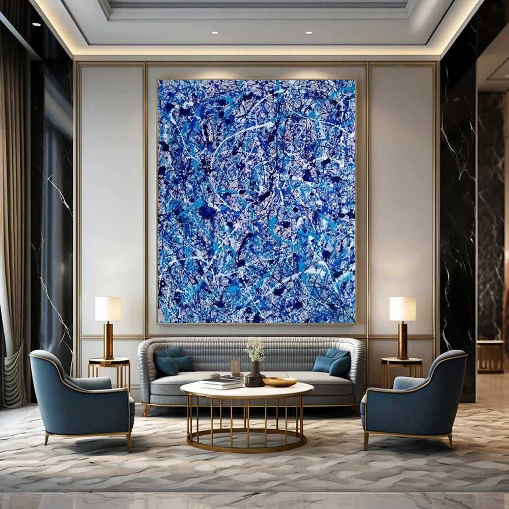 “Chaotic Blue Web” - Blue, White, and Black Abstract Drip Painting On Canvas DKH1560