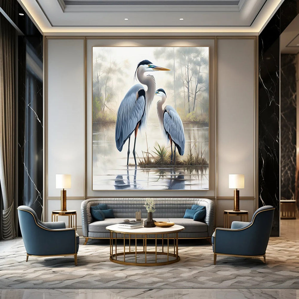 Blue Herons in Misty Marsh - Realistic Wildlife Painting On Canvas DKH1400