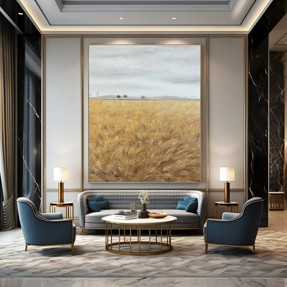 Golden Field Under Gray Sky - Landscape Painting On Canvas DKH1434