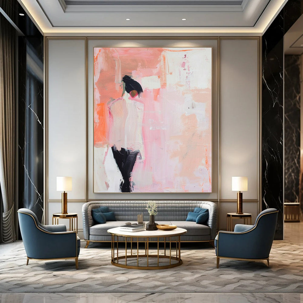 “Minimalist Figure in Pink” - Pink & Black Abstract Figure Painting On Canvas CT2205