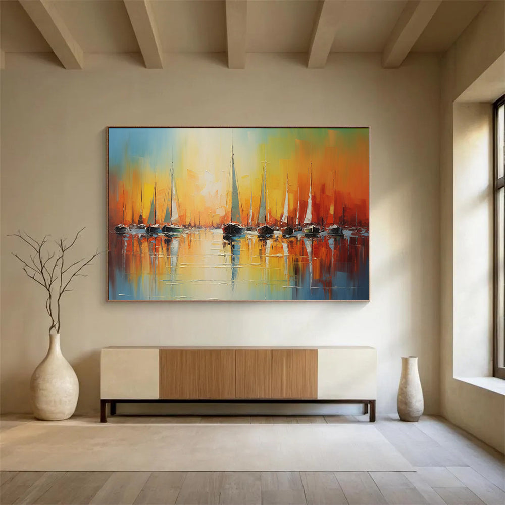 “Sunset Harbor - Vibrant Orange & Blue Sailboats Painting On Canvas” DKH864