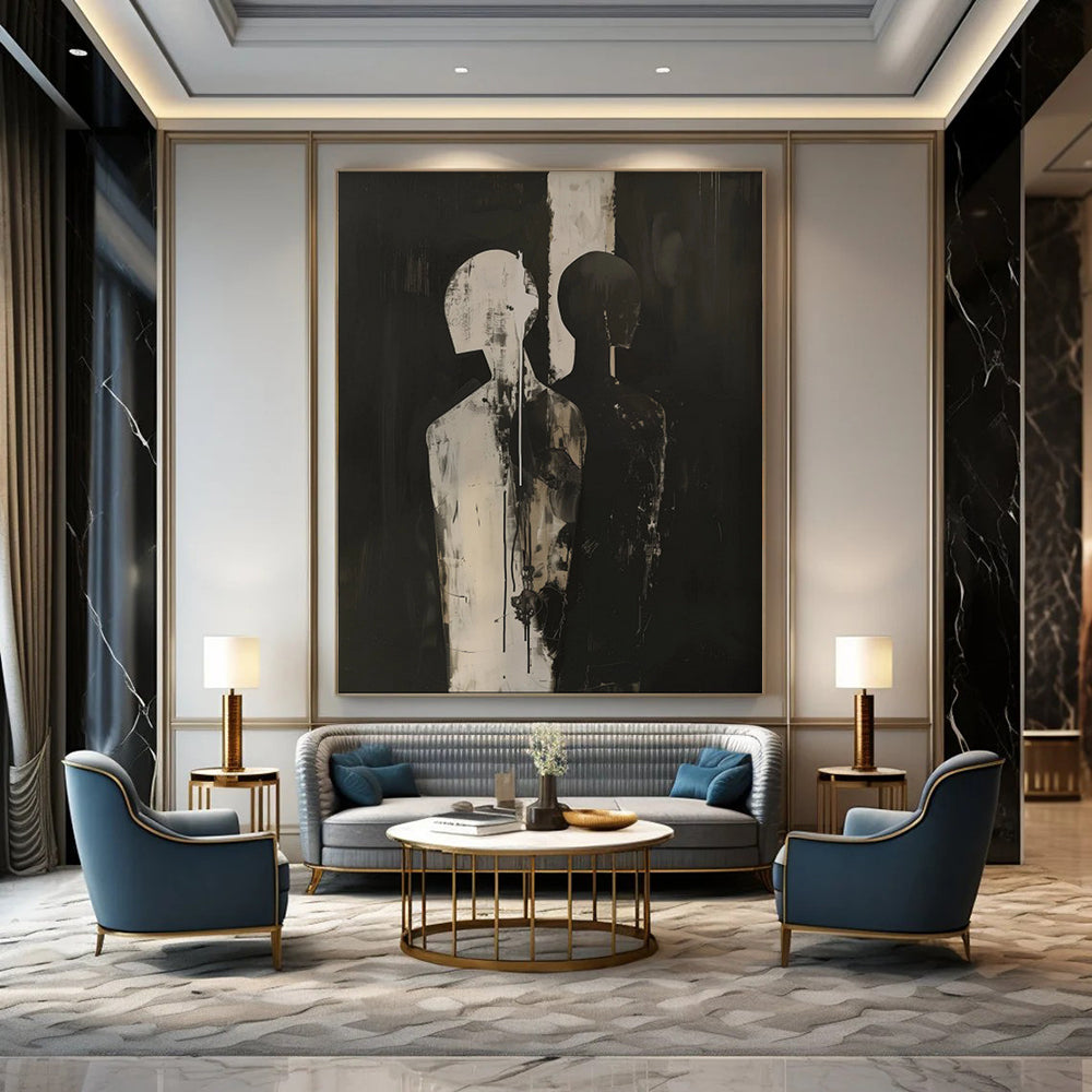 “Black and White Abstract Figures” - Modernist Acrylic Art CT1930