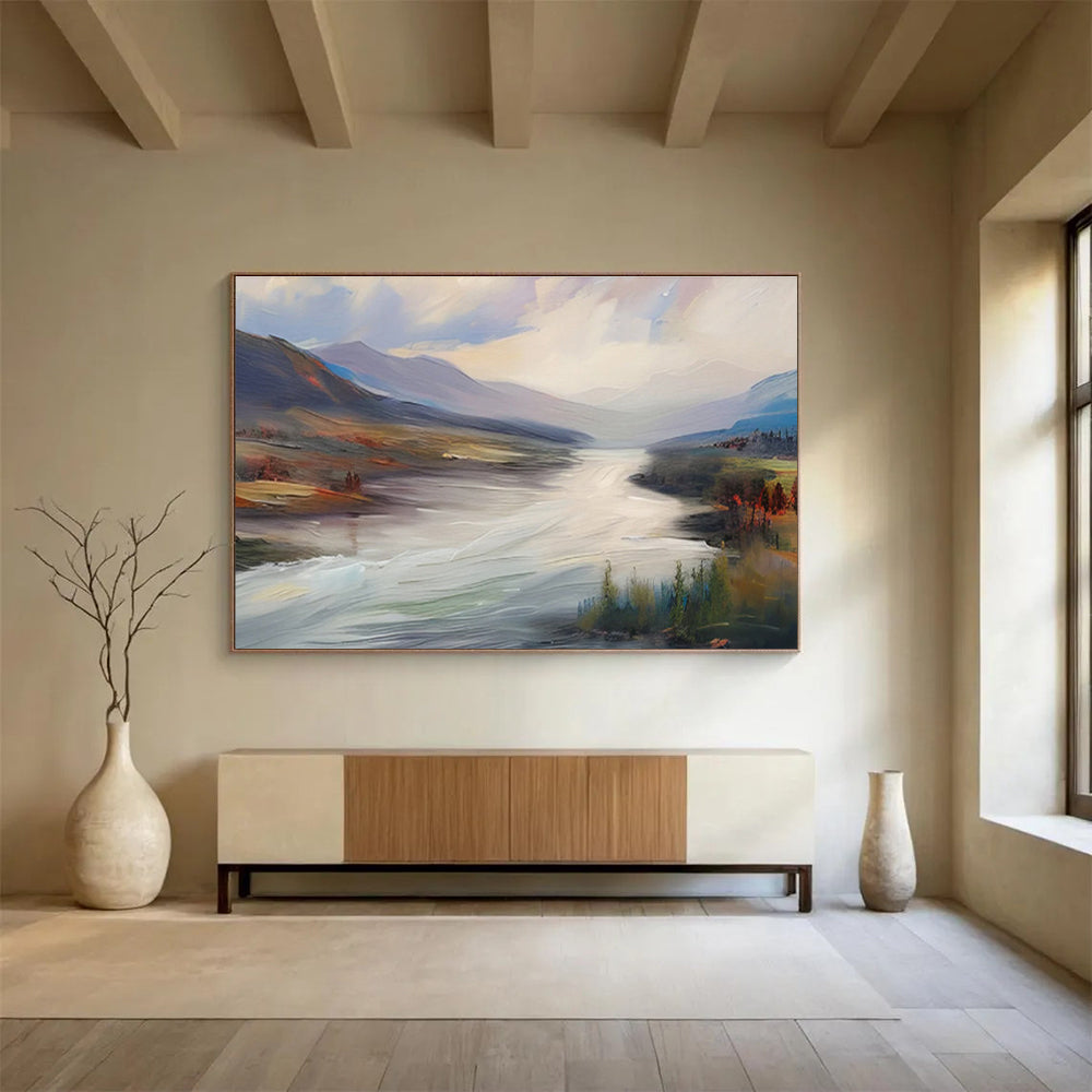 “Flowing River Landscape” - Blue, Gray, Brown Landscape Oil Painting On Canvas DKH726