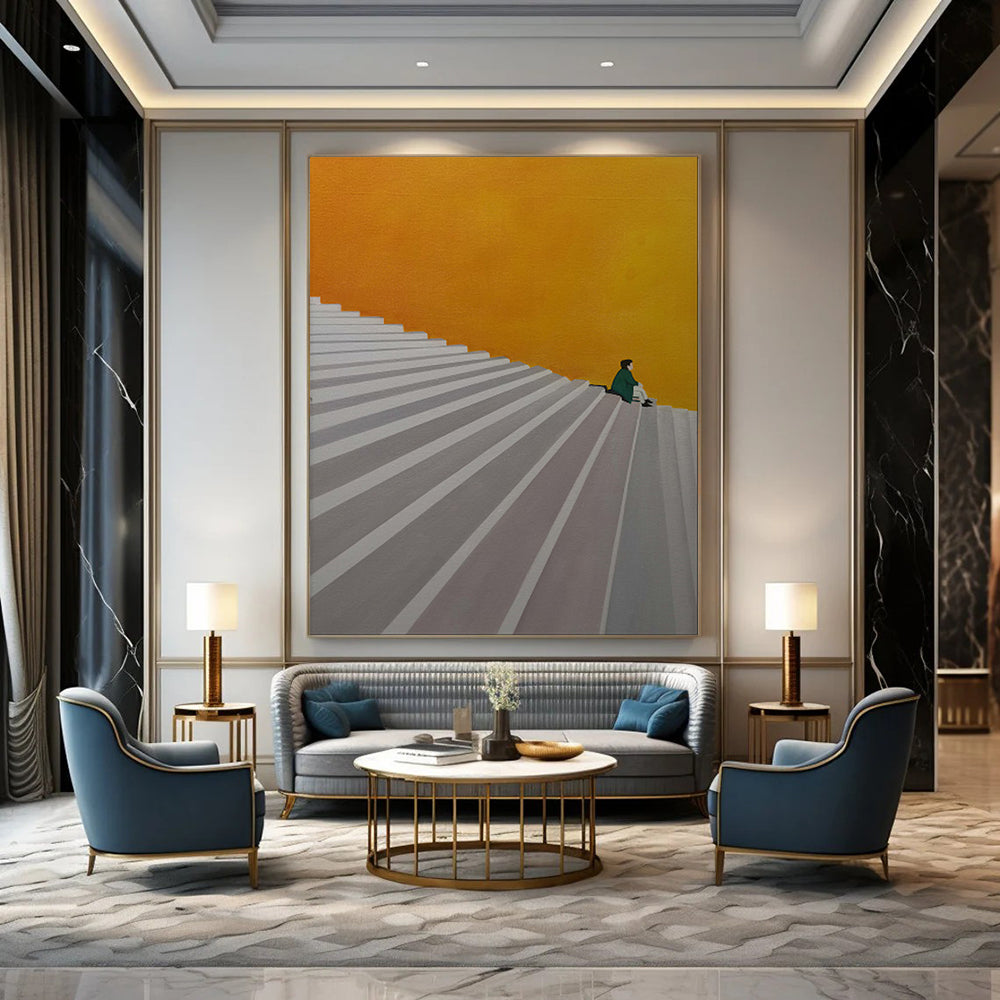 “Solitude on Orange Steps” – Minimalist Figurative Acrylic CT2100