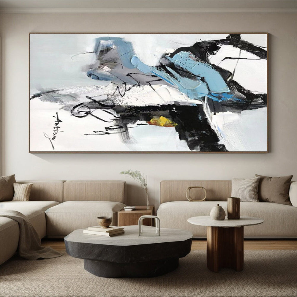 Blue, Black, White, Yellow & Gray Abstract Forms, “Energetic Balance” - Impasto Abstract Painting CT0782