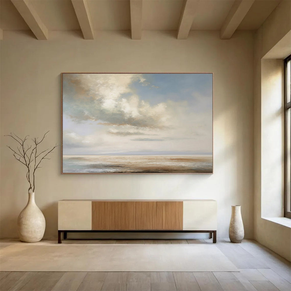 “Soft Clouds & Calm Sea” Impressionist Landscape Painting On Canvas DKH334