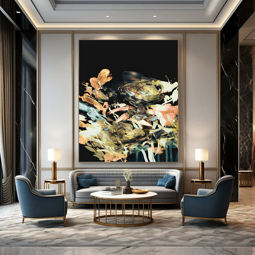 “Gilded Floral Burst on Black” - Impressionistic Floral Painting On Canvas DTP171