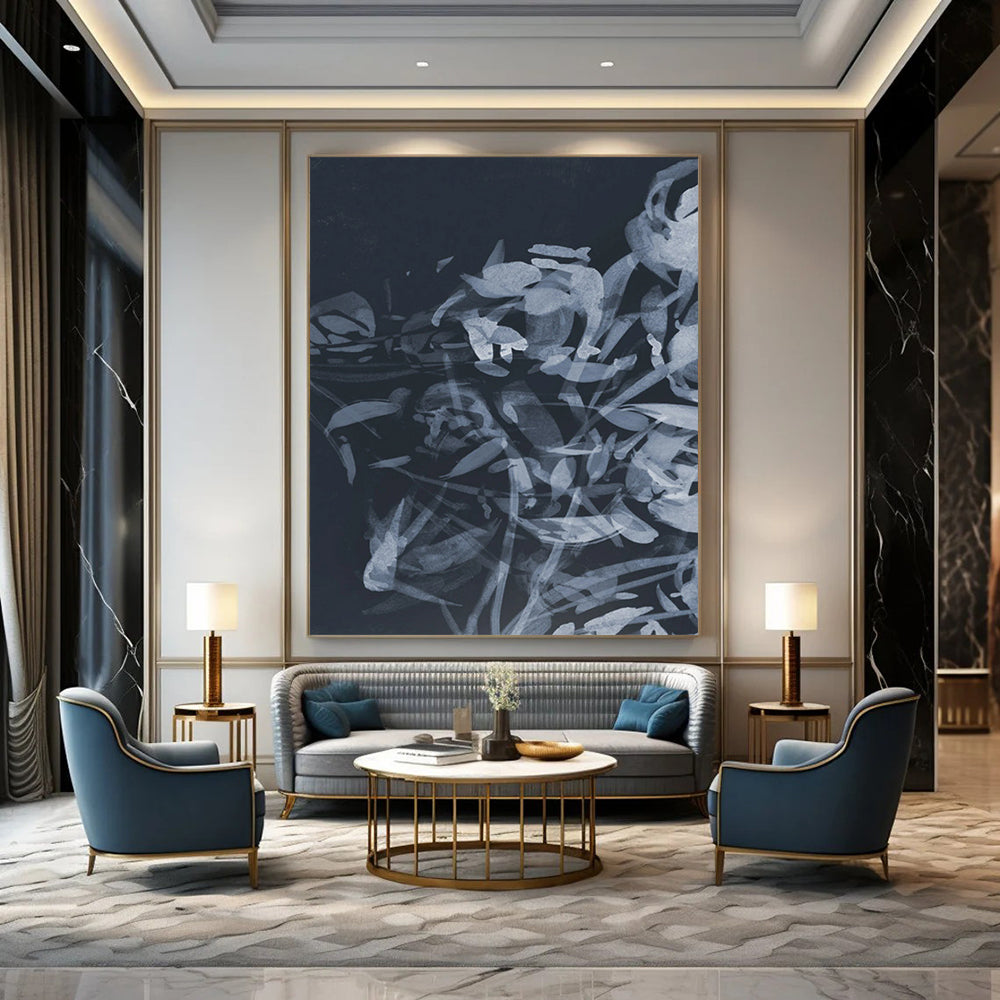 “Indigo Floral Abstraction” - Dark Blue, Light Blue Floral Painting On Canvas DTP240