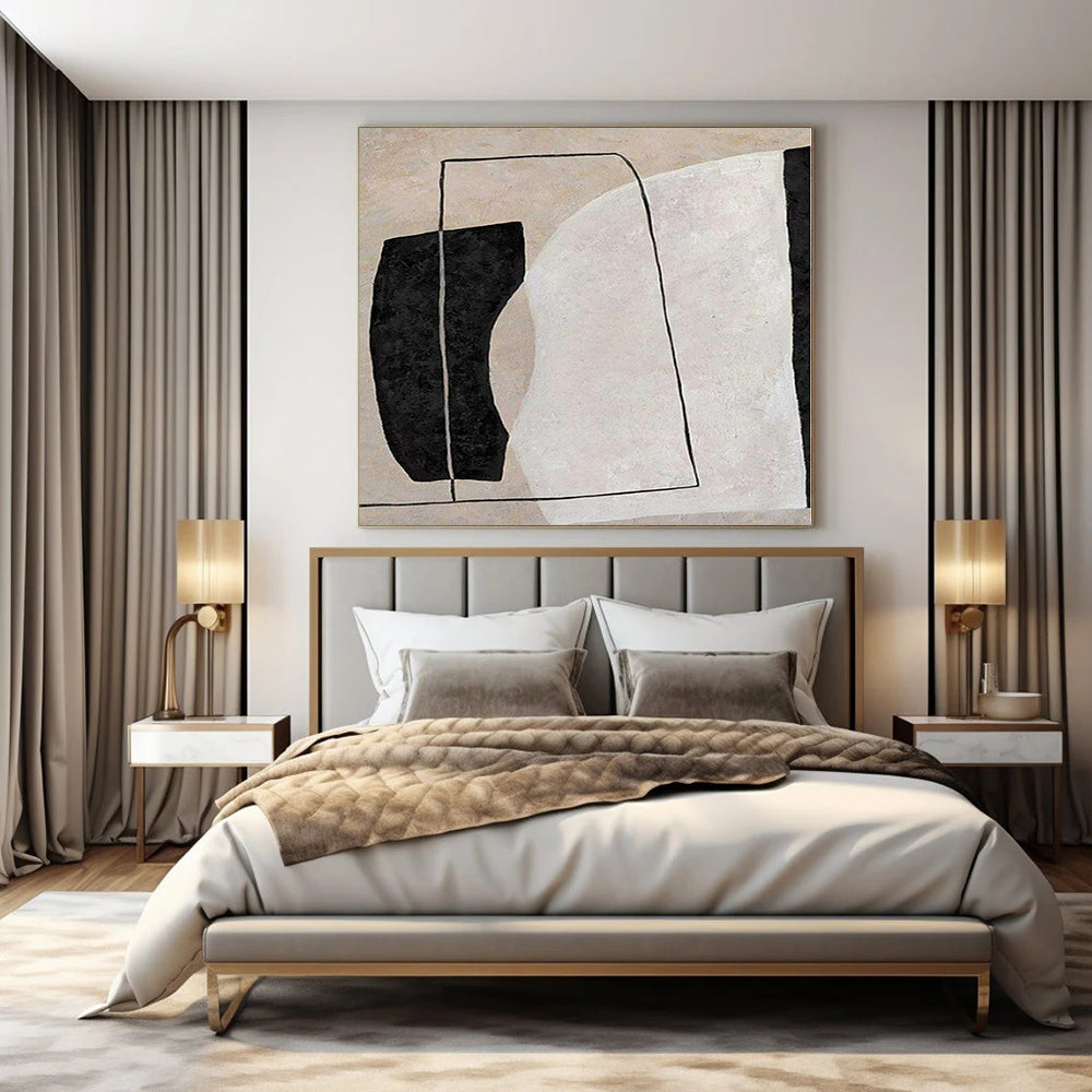 “Beige, Black, and White Geometric Composition” – Minimalist Geometric Painting(Variation) CT1123