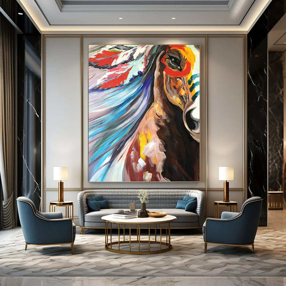 Colorful Horse with Feathered Headdress - Equine Painting On Canvas DKH1426