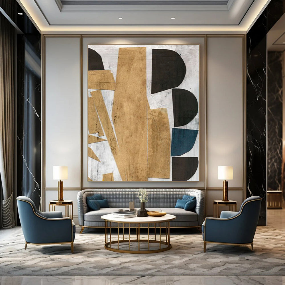 “Geometric Gold & Blue Collage” - Gold, Blue, Black Abstract Painting On Canvas DTP216