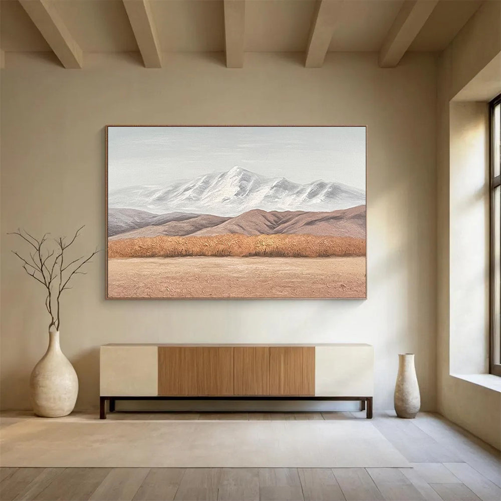 Snowy Mountain Landscape - Gray, White & Brown Landscape Painting On Canvas DKH890