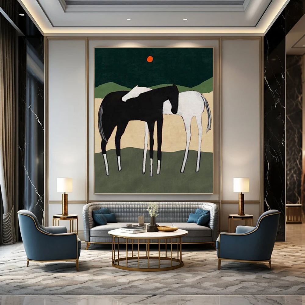 Horses in Landscape with Red Sun - Equine Landscape Painting On Canvas DKH1412