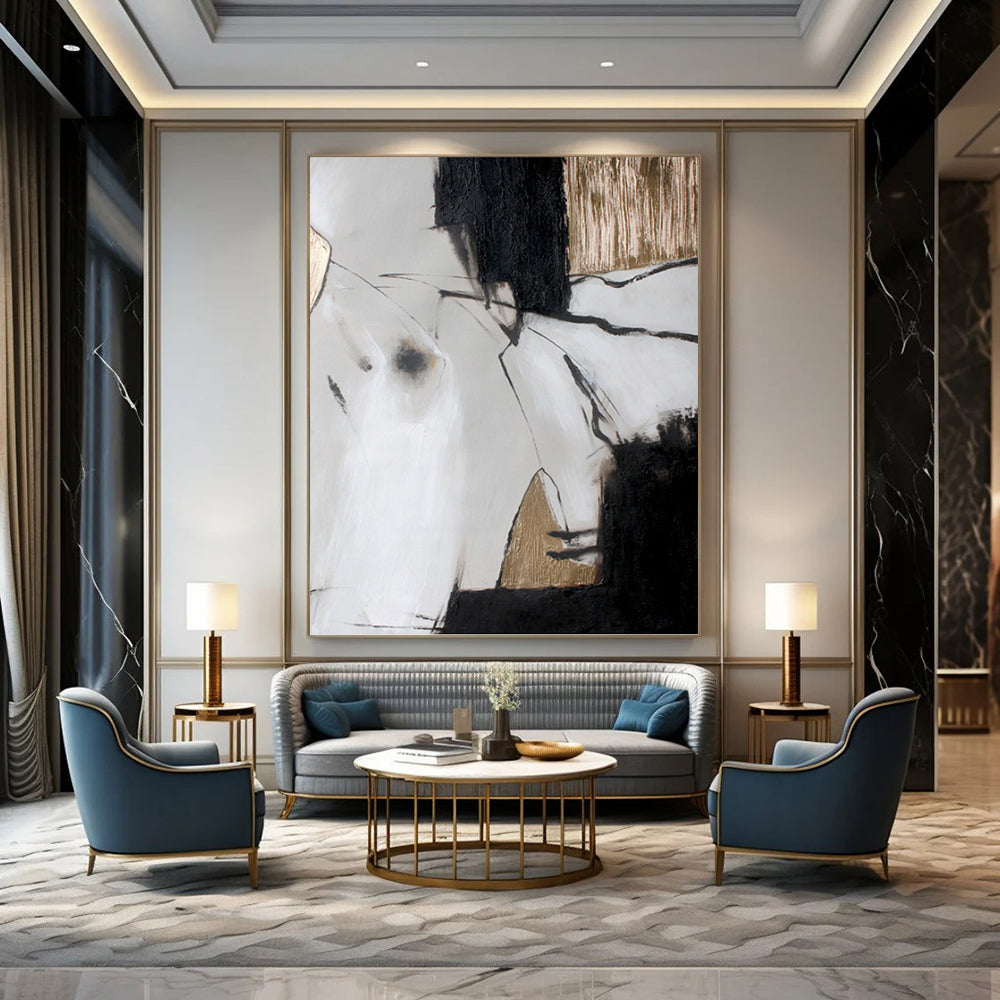 “Black, White & Gold Abstract Lines” - Black, White & Gold Minimalist Painting On Canvas DKH1005