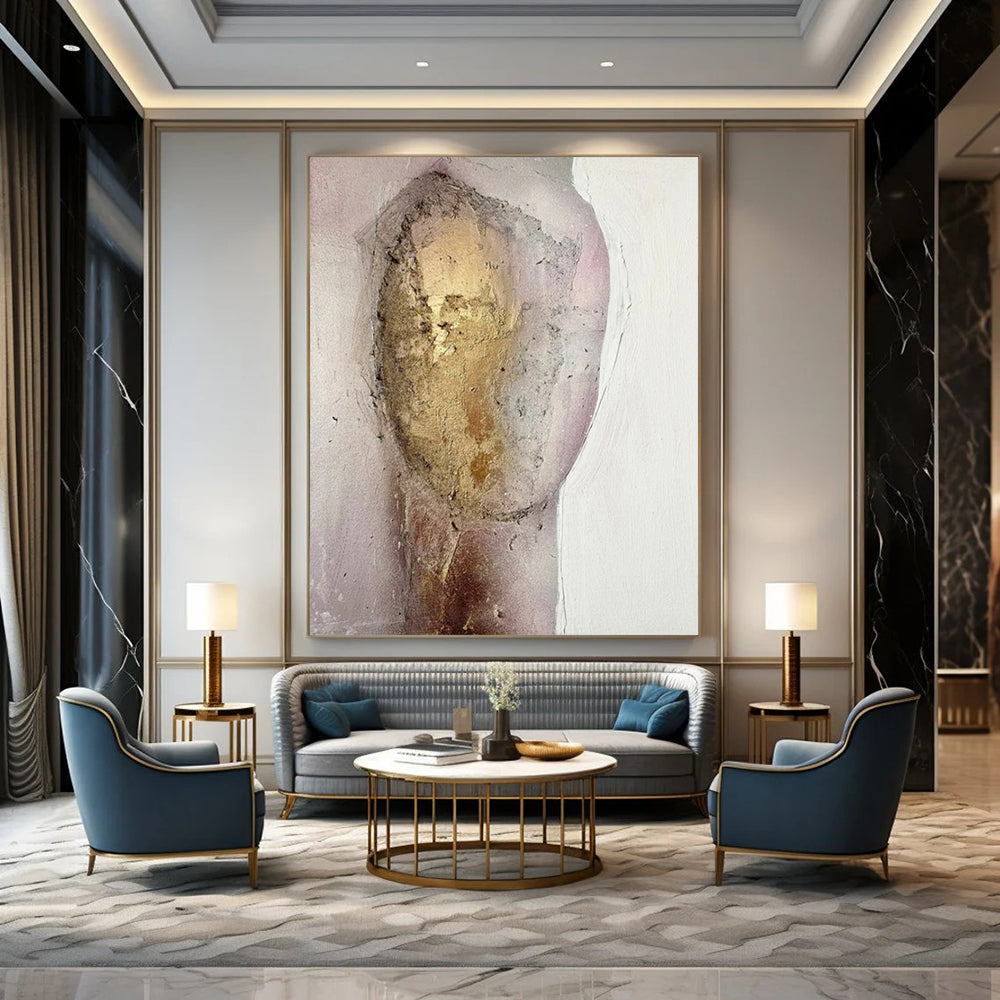 “Textured Portrait” - Gold & Pink Abstract Portrait Painting On Canvas CT2222