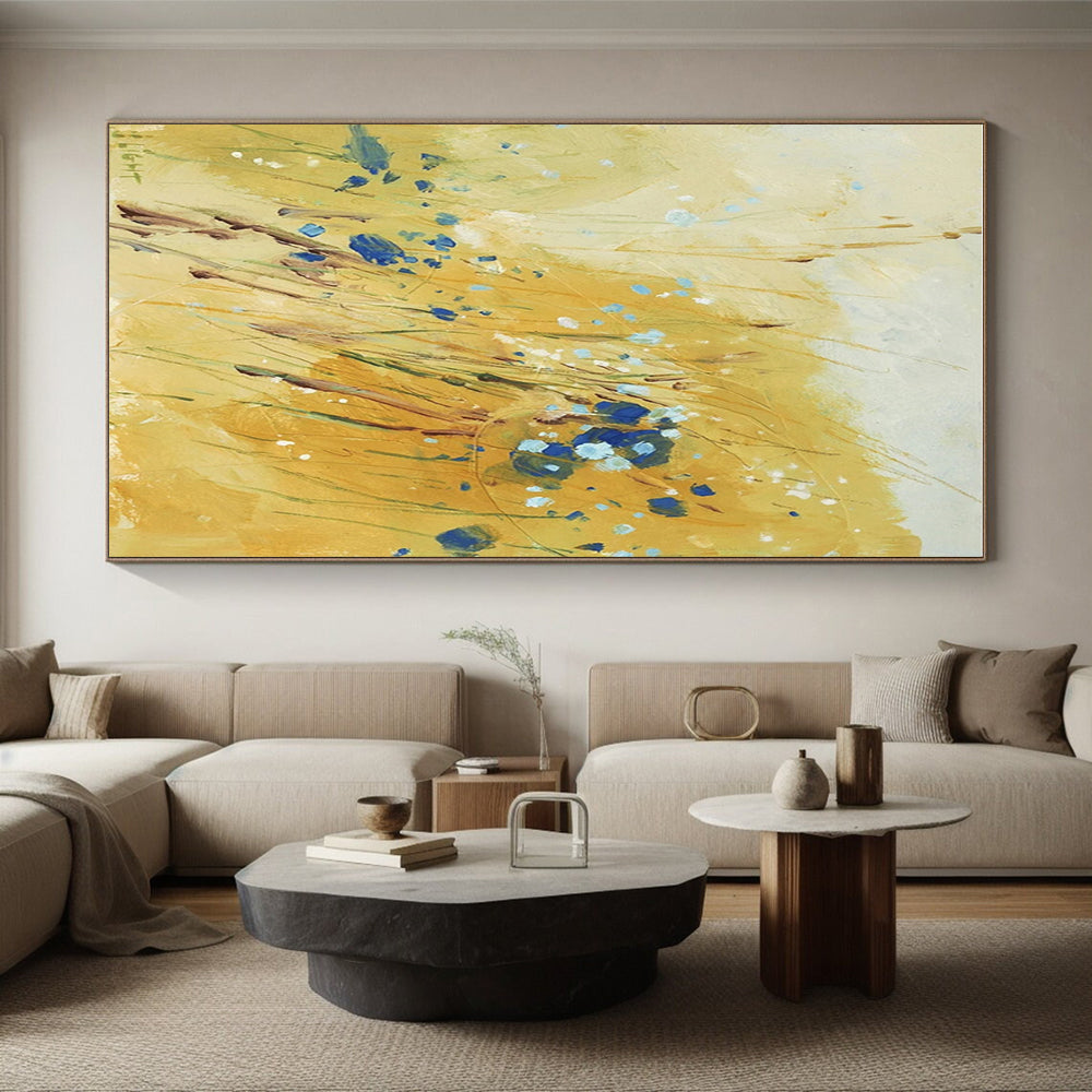 Yellow Field with Blue Blooms, "Sunny Meadow" - Impressionistic Abstract Painting CT0707