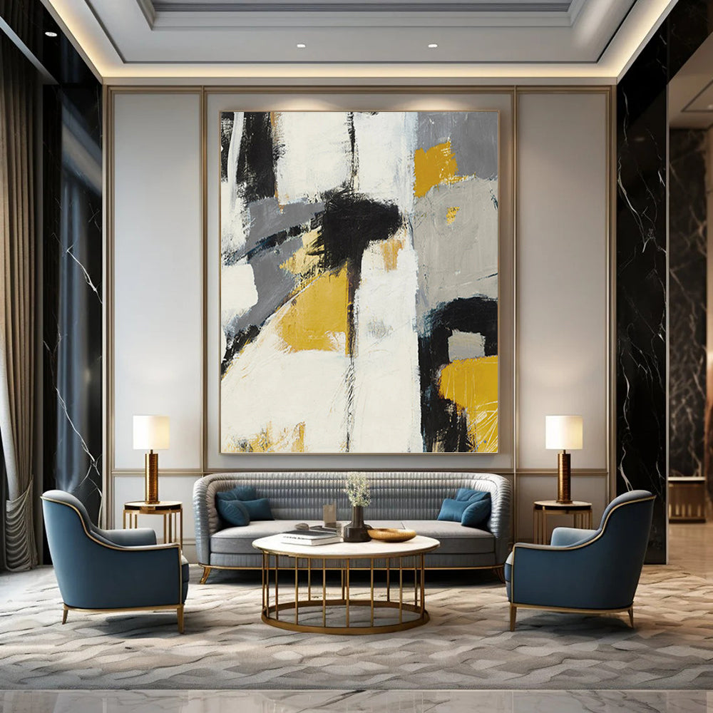 “Bold Neutrals” - Gray, Yellow, Black & White Abstract Block Painting On Canvas DKH1525