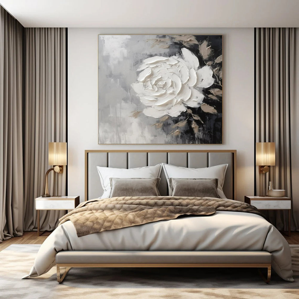 Grey, Black & Beige with Textured White Rose - "Elegant Bloom" - Impasto Floral Painting CT1466