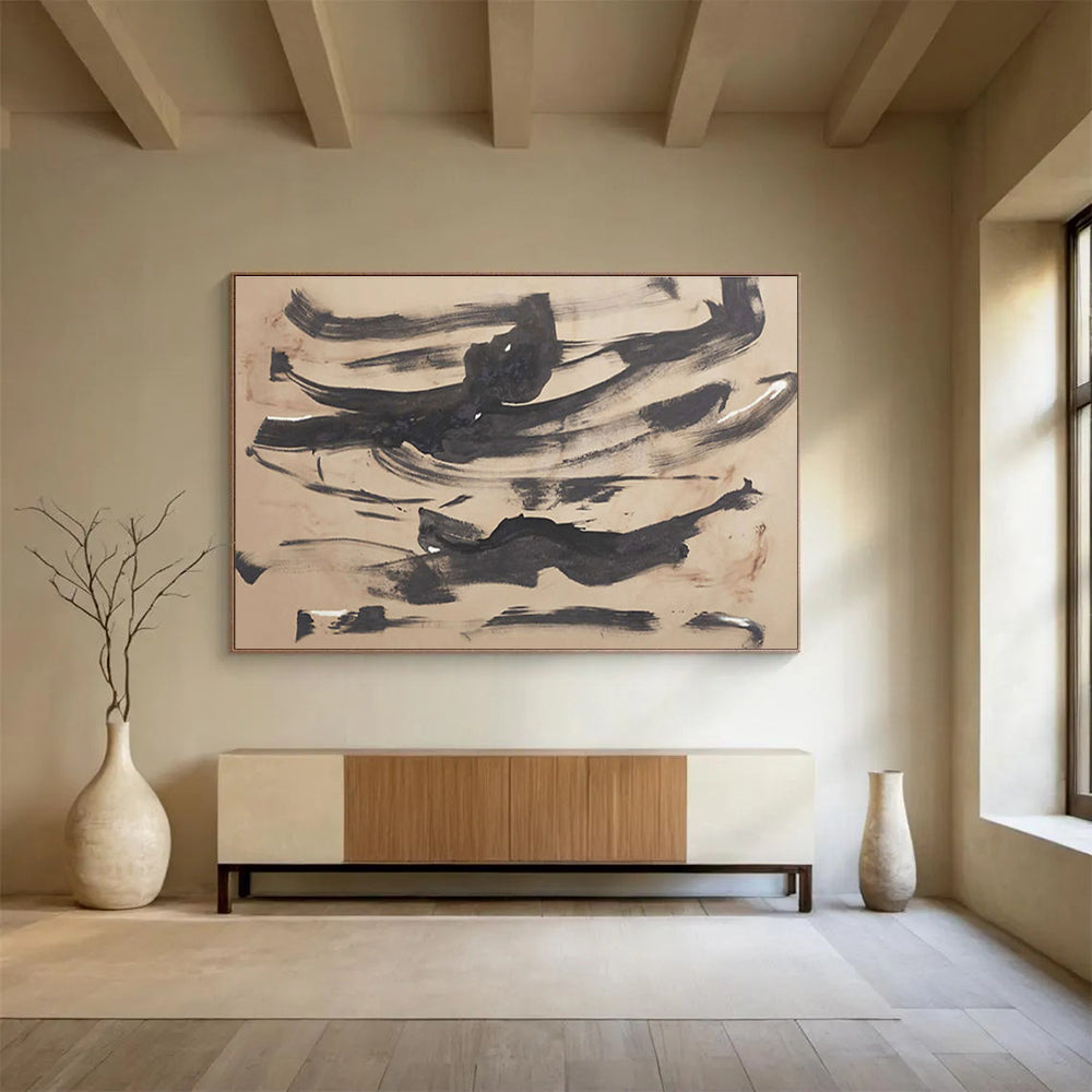 “Ink - Wash Abstraction” - Black, Beige Minimalist Brushstroke Painting On Canvas DKH735