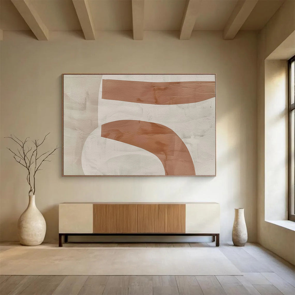 Subtle Brown Curves in Beige and Brown, Abstract Minimalist Painting On Canvas DKH588