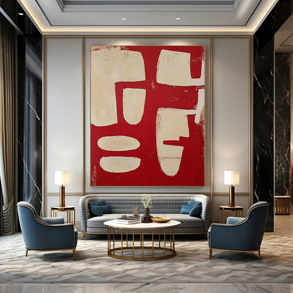 “Red & Beige Geometric Abstract” - Abstract Painting CT2367