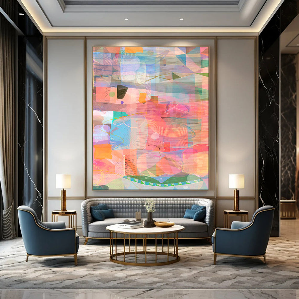 Colorful Collage Shapes, Light Hues - "Sunny Patchwork" - Mixed - media Abstract Art CT1862