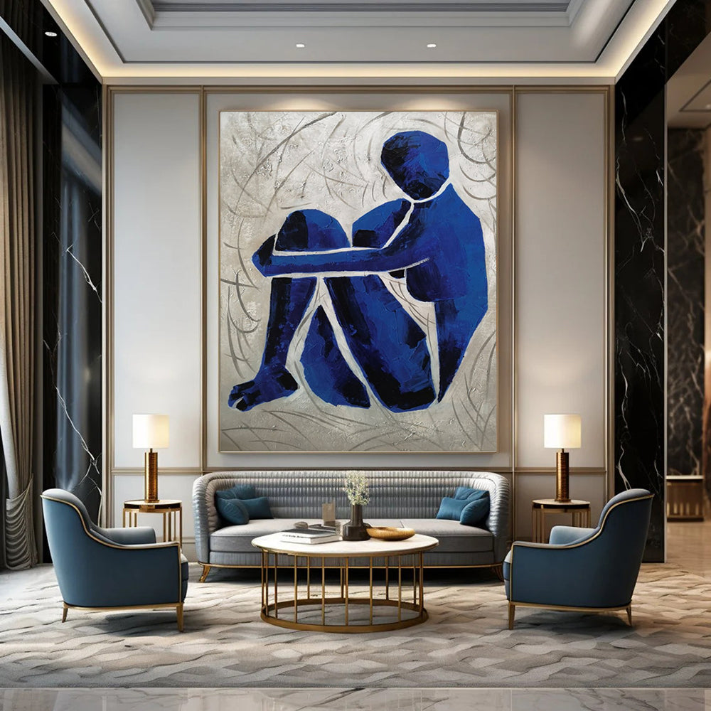 “Contemplative Blue” - Blue and Gray Abstract Figure Painting On Canvas DKH1569
