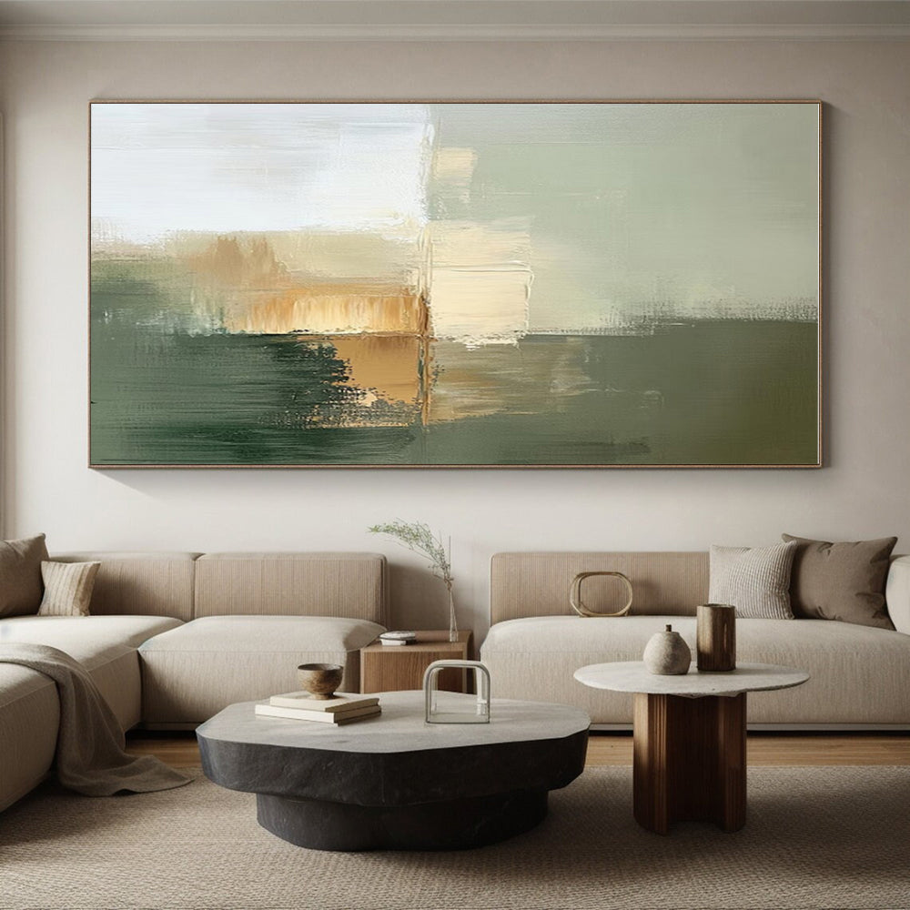 Green, Beige & White Subtle Forms, “Muted Serenity” - Minimalist Abstract Painting CT0770