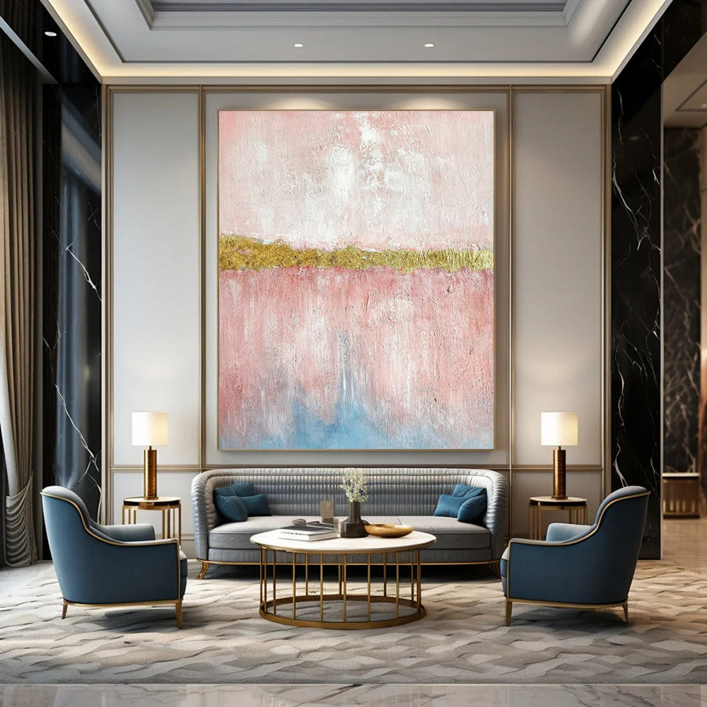 Pink & Gold Abstract Divide - Minimalist Abstract Painting On Canvas CT2288