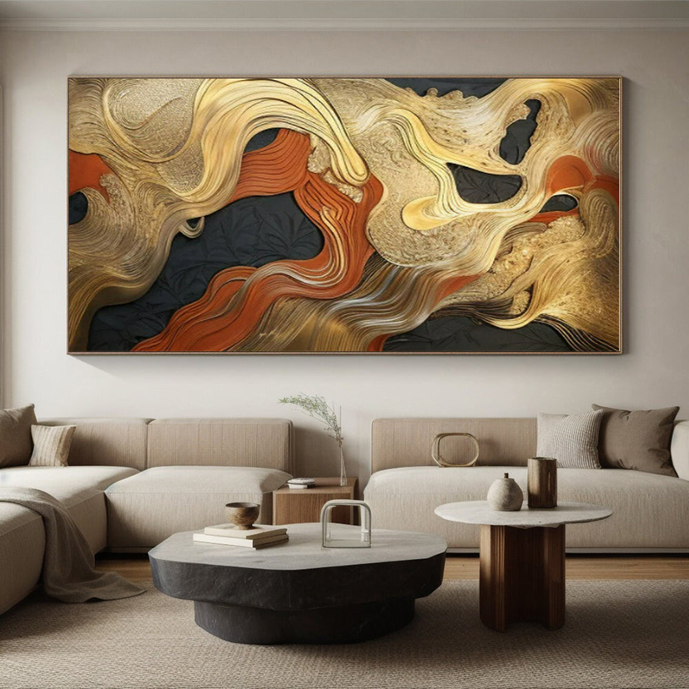 “Gold - Red - Black Abstract Waves” ,Abstract Textured Painting CT0822