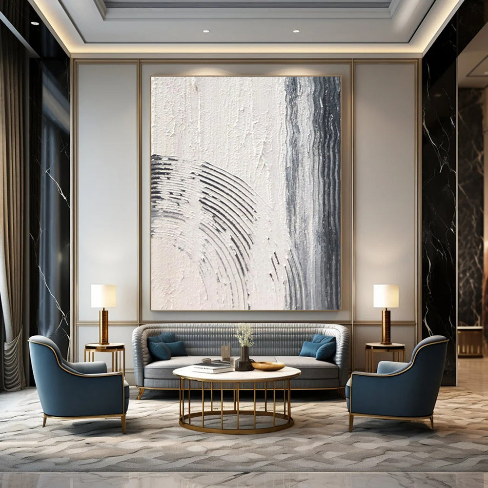 “Gray, White Textured Curves ‘Gentle Rhythm’” - Abstract Impasto Painting On Canvas DTP399