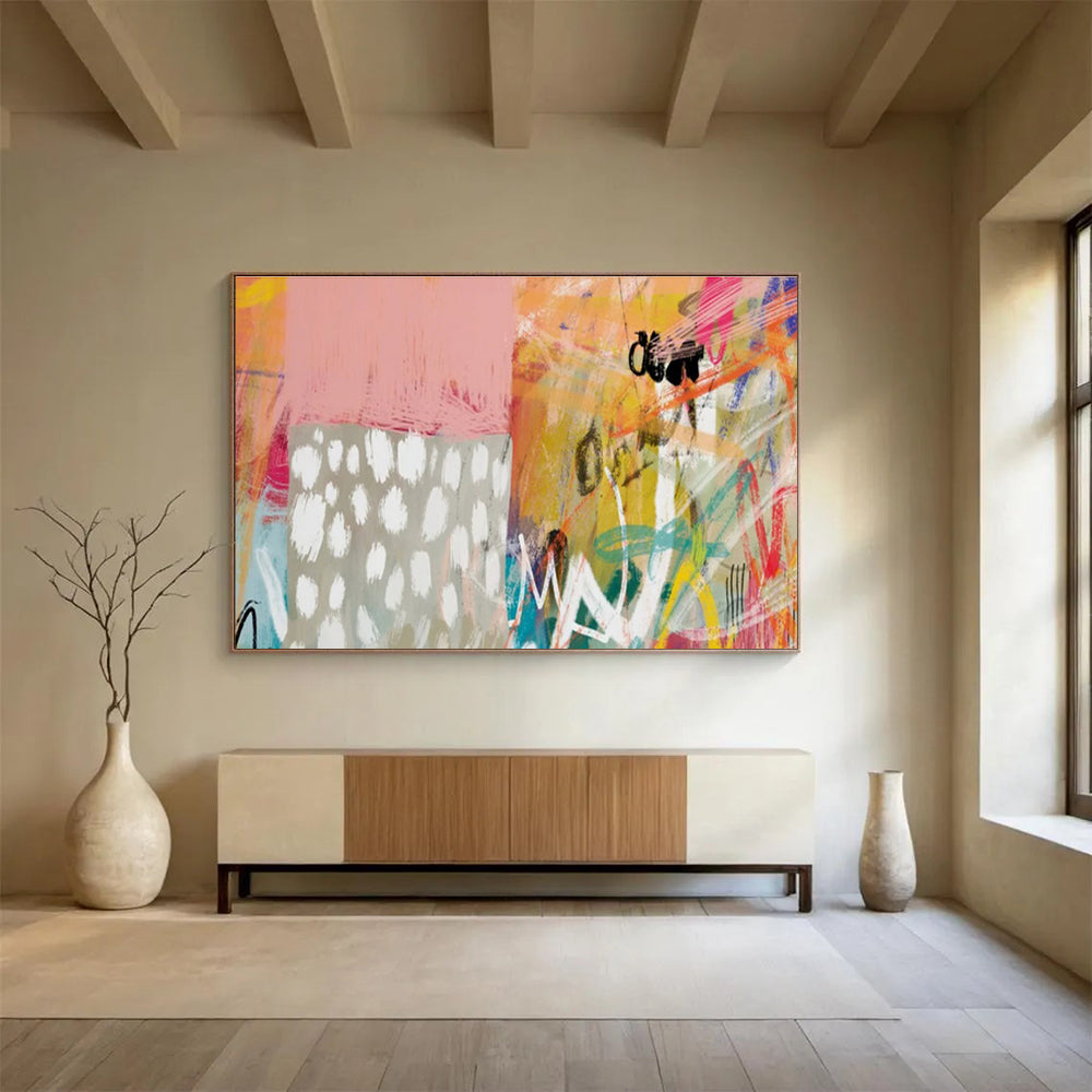 Playful Abstract in Pink, Orange, and Patterns Painting On Canvas DKH198