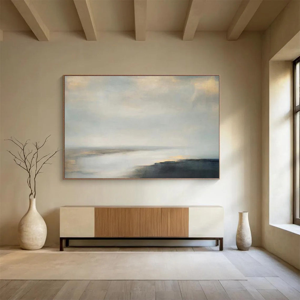Soft Gray and Beige Seascapes “Foggy Morning Tide” Painting On Canvas DKH108